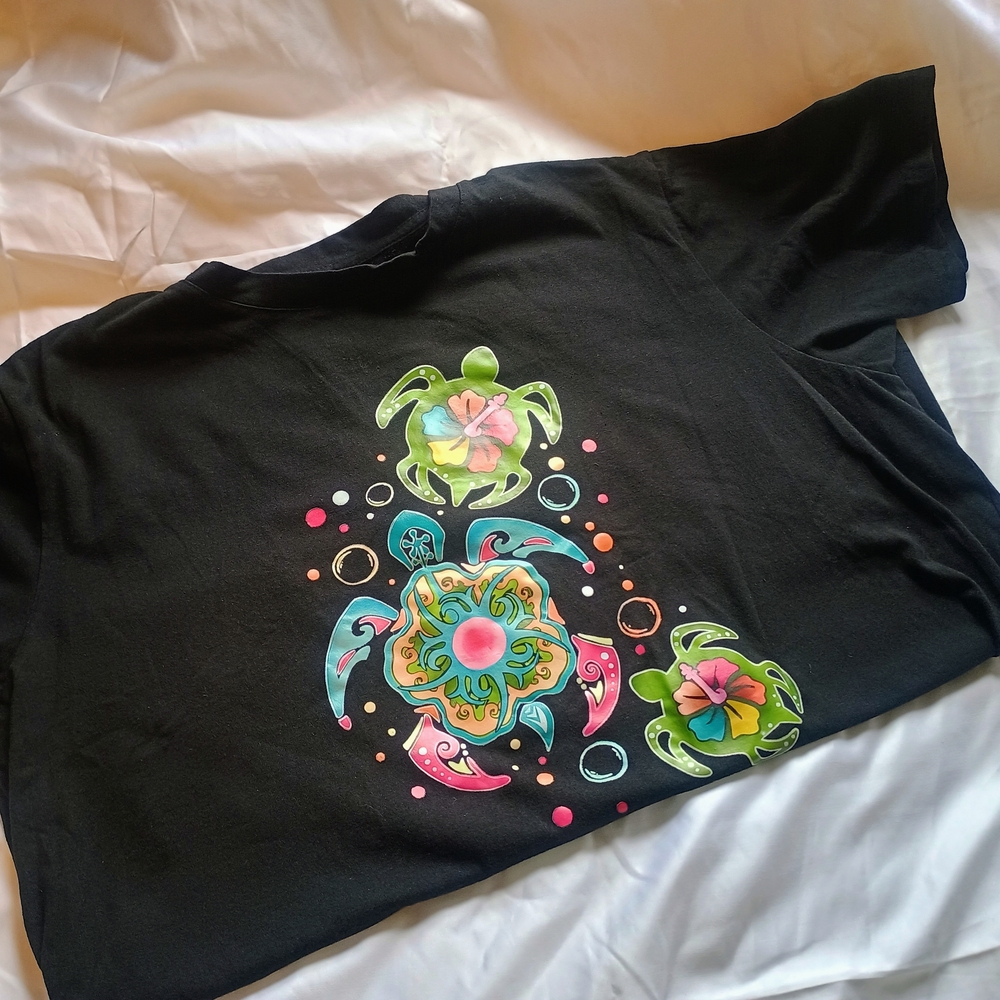 Black T-Shirt with Colorful Turtle Design